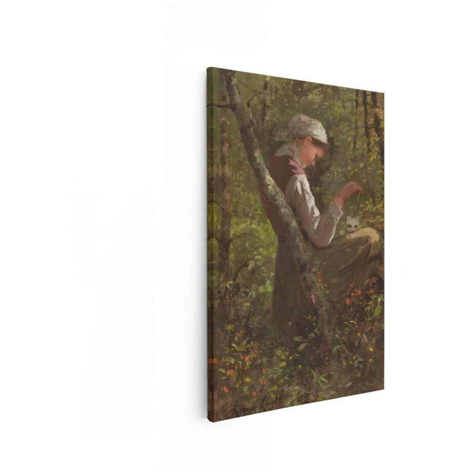 Artaza Canvas Schilderij Jonge Vrouw met Kat in Bosrijke Omgeving - Schilderij van Ridgeway Knight - 60x90 cm - Wanddecoratie Woonkamer - Schilderijen - Muurdecoratie afbeelding 1