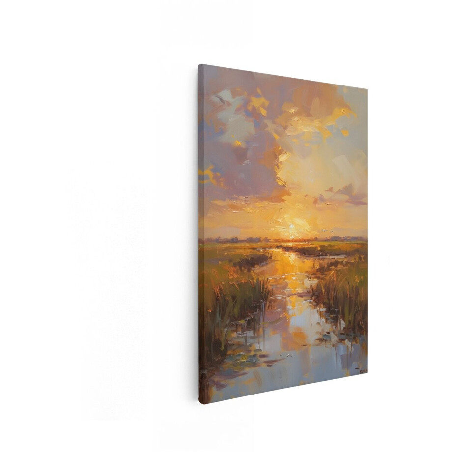 Artaza Canvas Schilderij Zonsondergang - 80x120 cm - Wanddecoratie Natuur - Muurdecoratie Landschap - Decoratie Woonkamer - Goud afbeelding 1