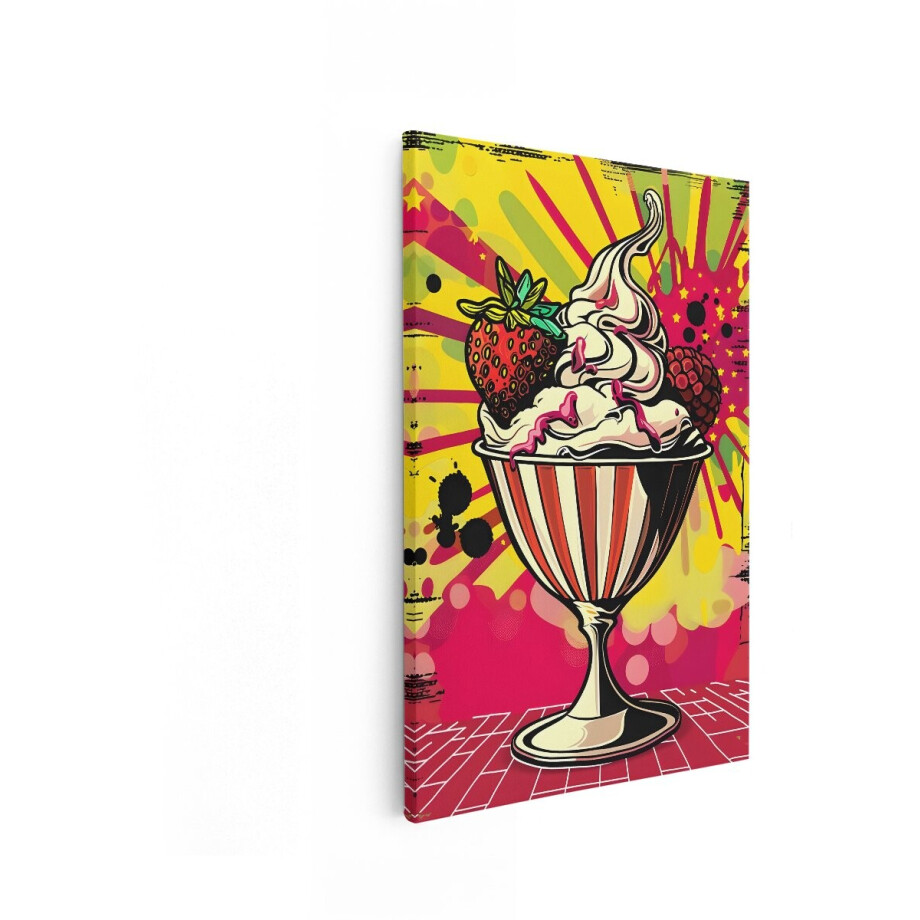 Artaza Canvas Schilderij Pop Art Dessert met Aardbeien en Frambozen in een Ijscoupe - 40x60 cm - Wanddecoratie Woonkamer - Schilderijen - Muurdecoratie afbeelding 1