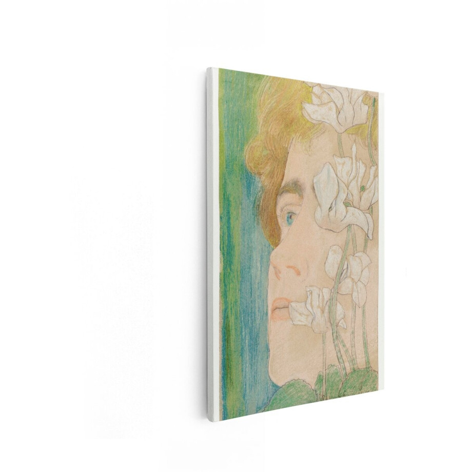 Artaza Canvas Schilderij Portret van een Vrouw met Cyclamen in Pastelkleuren - Art Nouveau Stijl - 80x120 cm - Groot - Wanddecoratie Woonkamer - Schilderijen - Muurdecoratie afbeelding 1