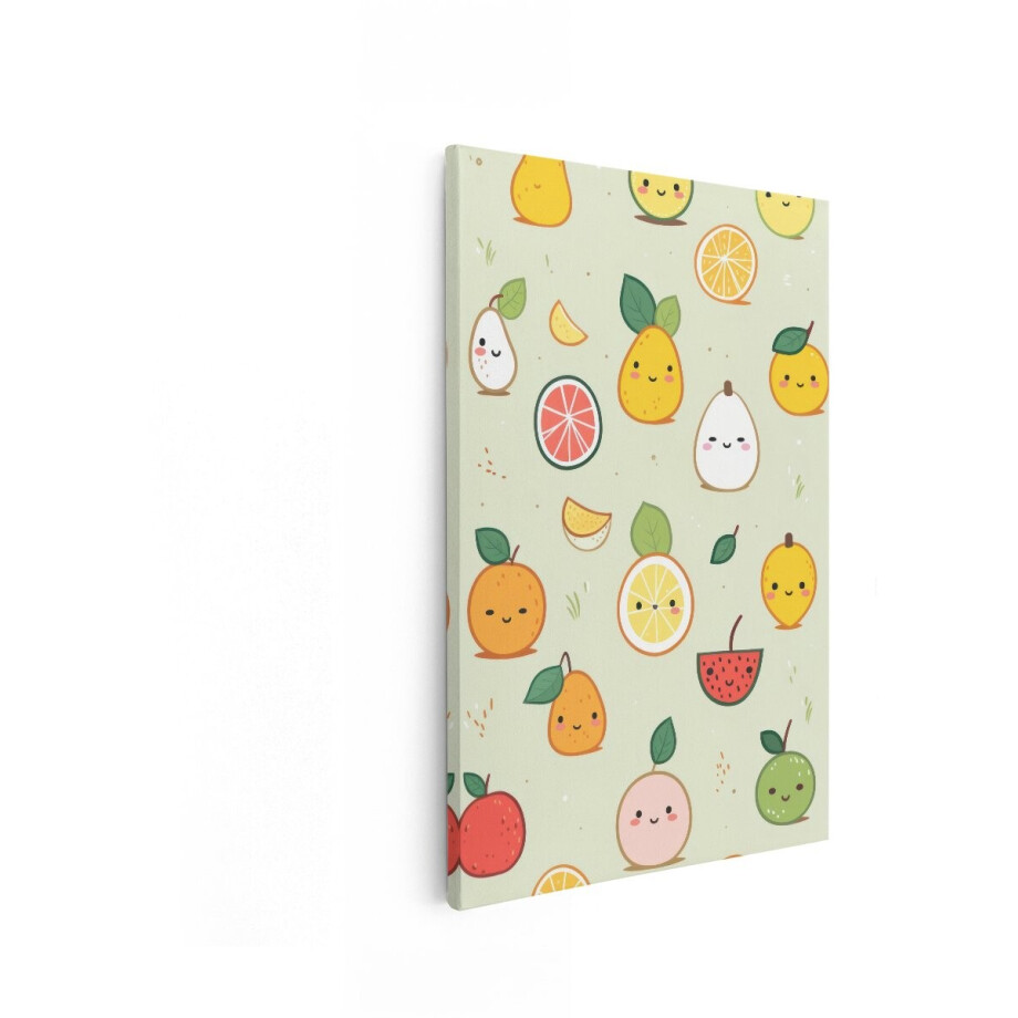 Artaza Canvas Schilderij Schattige Kawaii Fruitjes met Gezichtjes op een Zachte Groene Achtergrond - 40x60 cm - Wanddecoratie Woonkamer - Schilderijen - Muurdecoratie afbeelding 1