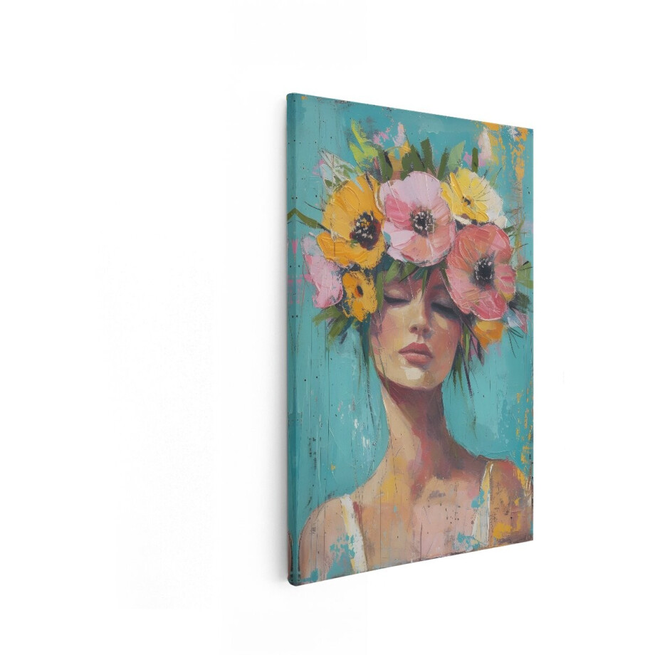 Artaza Canvas Schilderij Vrouw Met Bloemen - 60x90 cm - Wanddecoratie Boho - Muurdecoratie Bloemenkrans - Decoratie Woonkamer - Turquoise Artaza Canvas Schilderij Vrouw Met Bloemen - 60x90 cm - Wanddecoratie Boho - Muurdecoratie Bloemenkrans - Decoratie Woonkamer - Turquoise afbeelding 1