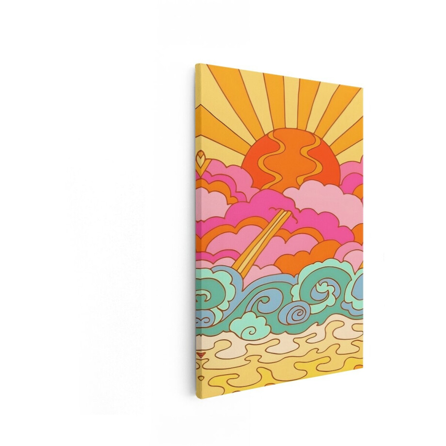 Artaza Canvas Schilderij Psychedelische Zonsopgang - 80x120 cm - Wanddecoratie Abstract - Muurdecoratie Retro - Decoratie Boho - Oranje Roze afbeelding 1