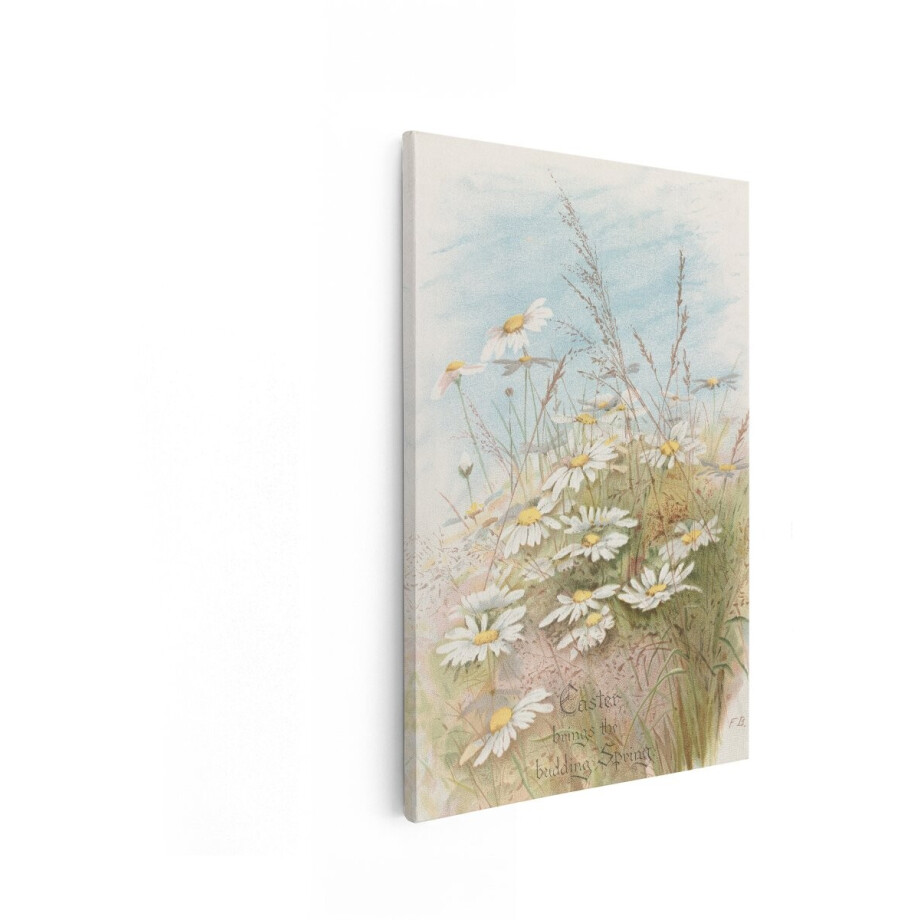 Artaza Canvas Schilderij Klassieke Aquarel van Madeliefjes en Grassen met de Tekst 'Easter Brings The Budding Spring' - 80x120 cm - Groot - Wanddecoratie Woonkamer - Schilderijen - Muurdecoratie afbeelding 1