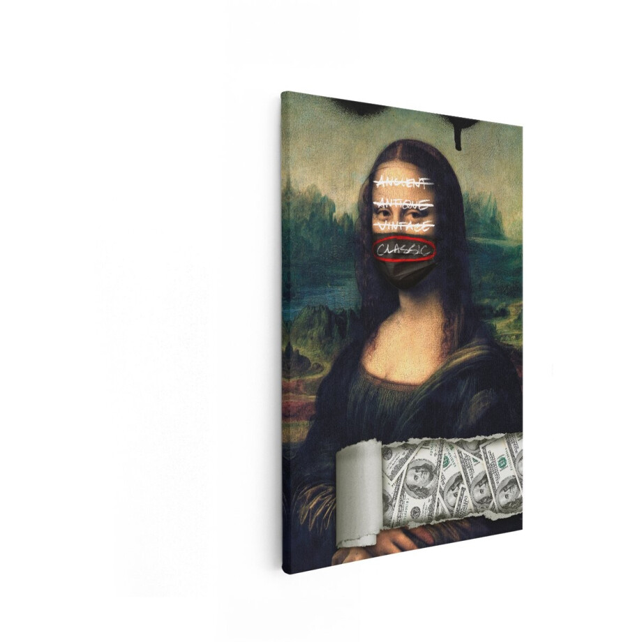 Artaza Canvas Schilderij Mona Lisa met Mondkapje en Geld - Kunst en Waarde Heroverwogen - 40x60 cm - Wanddecoratie Woonkamer - Schilderijen - Muurdecoratie afbeelding 1