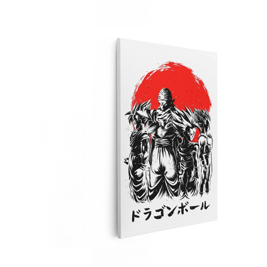 Artaza Canvas Schilderij De Personages Uit Dragon Ball Z Staan ​​Verenigd tegen een Rode Zon in een Opvallend Zwart-Witbeeld - 80x120 cm - Groot - Wanddecoratie Woonkamer - Schilderijen - Muurdecoratie afbeelding 1