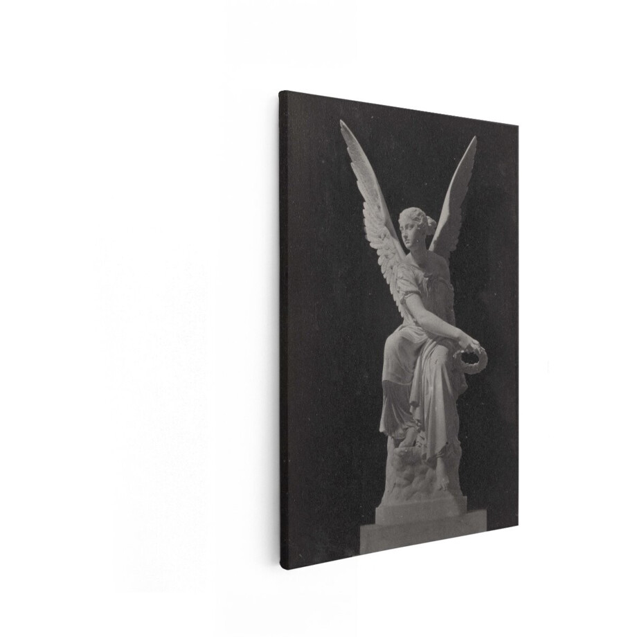 Artaza Canvas Schilderij Gevleugelde Engel met Lauwerkrans Zittend op een Wolk - Klassieke Sculptuur - 40x60 cm - Wanddecoratie Woonkamer - Schilderijen - Muurdecoratie afbeelding 1