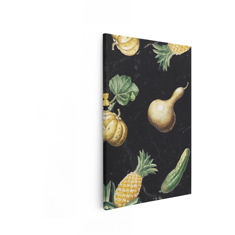Artaza Canvas Schilderij Vintage Fruit- en Groentepatroon op een Zwarte Marmeren Achtergrond - 40x60 cm - Wanddecoratie Woonkamer - Schilderijen - Muurdecoratie afbeelding 1