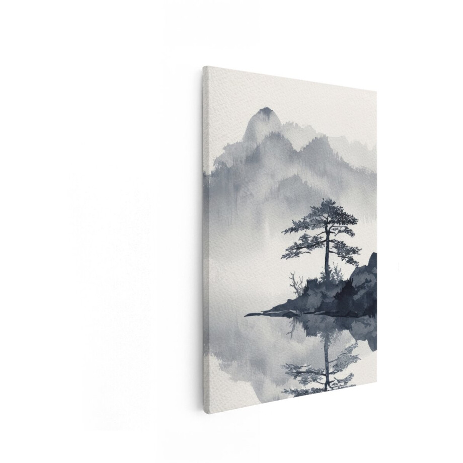 Artaza Canvas Schilderij Zen Meditatie Landschap met Eenzame Boom en Reflectie in Water - 80x120 cm - Groot - Wanddecoratie Woonkamer - Schilderijen - Muurdecoratie afbeelding 1