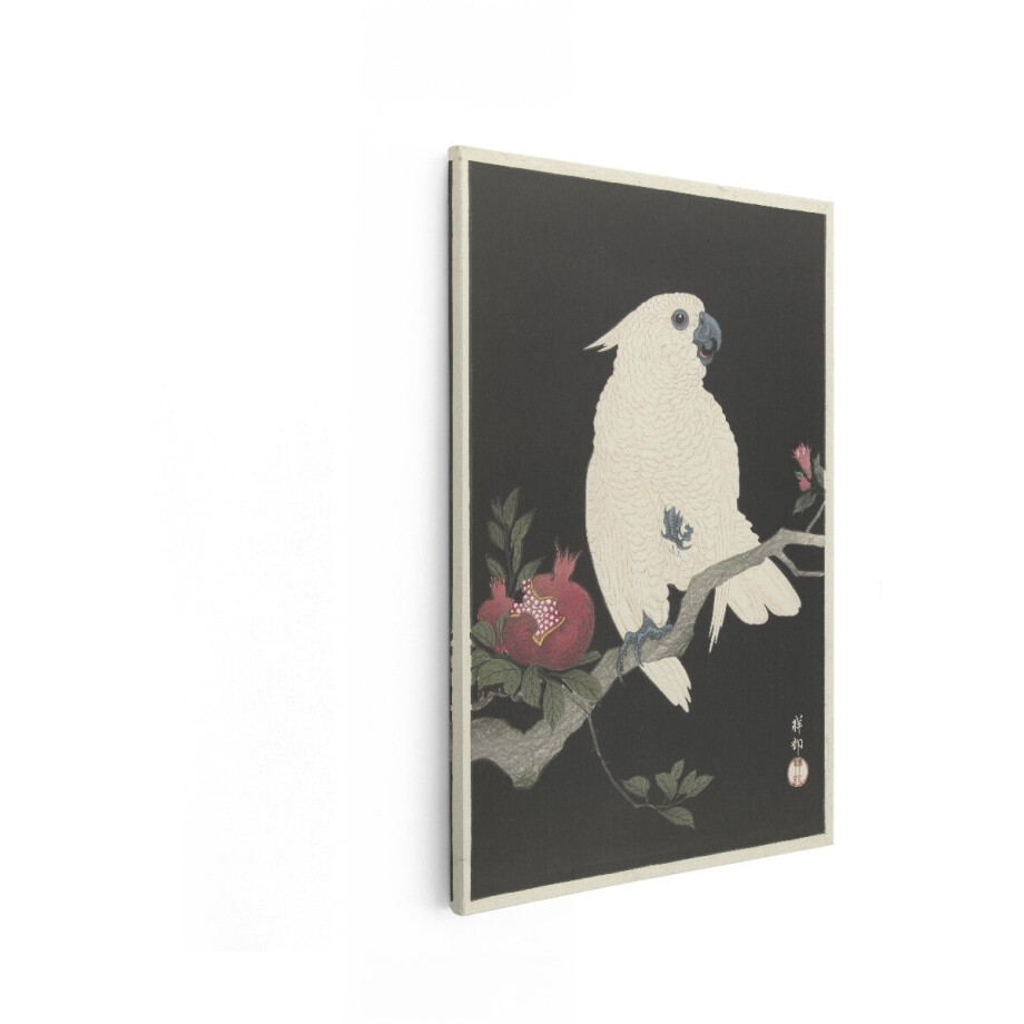 Artaza Canvas Schilderij Witte Kaketoe Zit op een Tak met Granaatappels en Bloesems - 20x30 cm - Klein - Wanddecoratie Woonkamer - Schilderijen - Muurdecoratie afbeelding 1