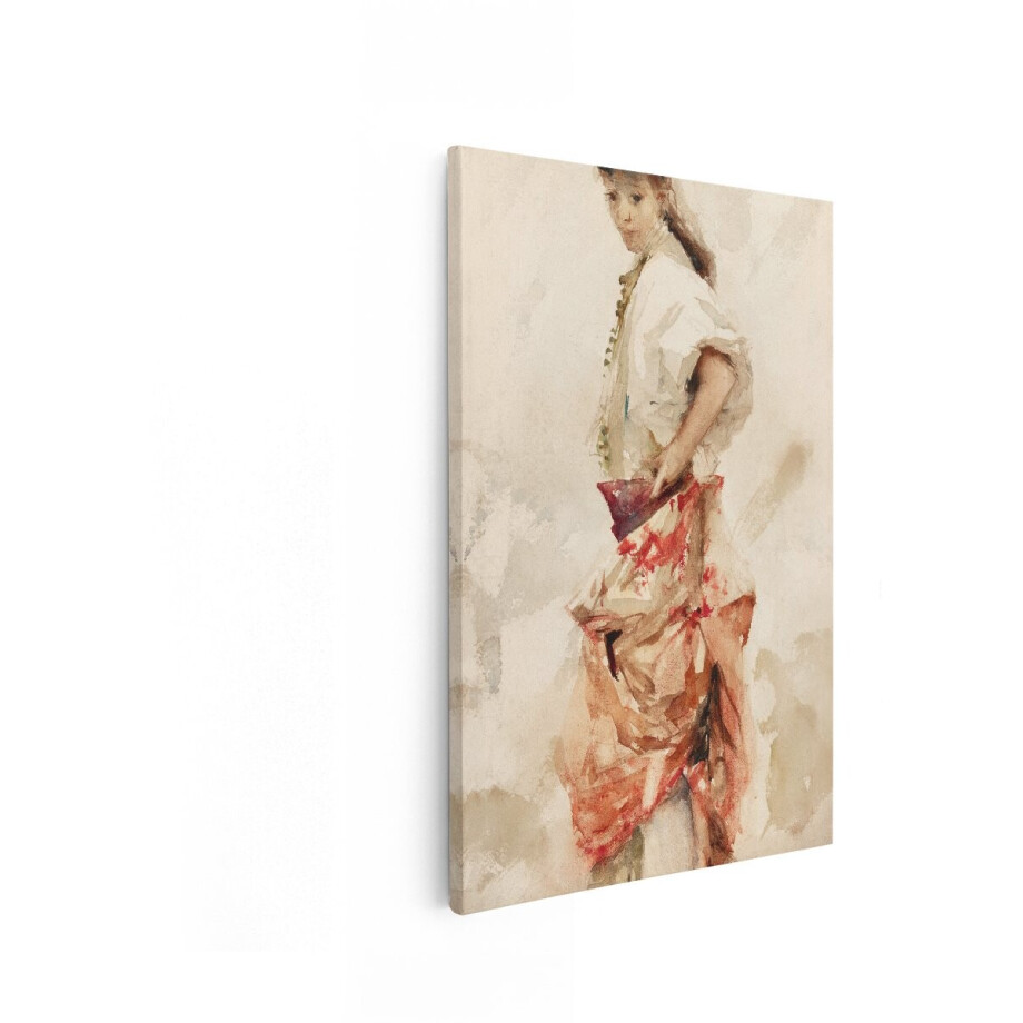 Artaza Canvas Schilderij Schilderij van een Jonge Vrouw in Traditionele Kleding met een Rode Rok - 80x120 cm - Groot - Wanddecoratie Woonkamer - Schilderijen - Muurdecoratie afbeelding 1