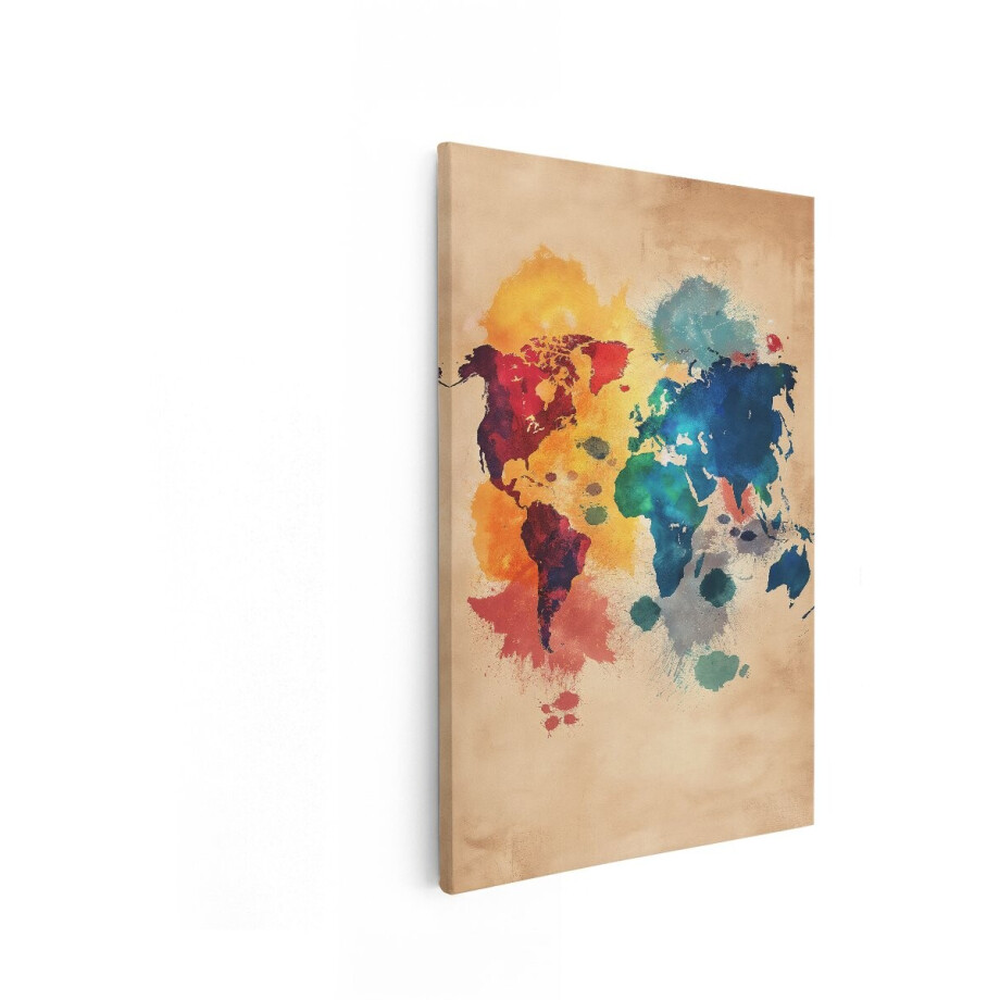 Artaza Canvas Schilderij Abstracte Wereldkaart met Levendige Aquarelverf Spetters op Perkamentpapier - 80x120 cm - Groot - Wanddecoratie Woonkamer - Schilderijen - Muurdecoratie afbeelding 1