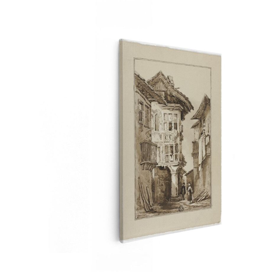 Artaza Canvas Schilderij Historische Stadstraat met Oude Gebouwen en Mensen in Traditionele Kleding - 80x120 cm - Groot - Wanddecoratie Woonkamer - Schilderijen - Muurdecoratie afbeelding 1