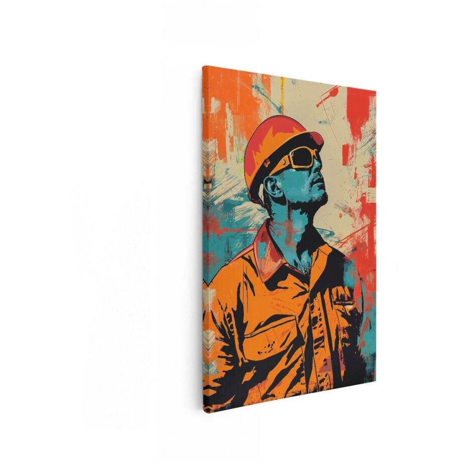 Artaza Canvas Schilderij Man met Veiligheidshelm en Veiligheidsbril Kijkt Omhoog met Abstracte Achtergrond - 80x120 cm - Groot - Wanddecoratie Woonkamer - Schilderijen - Muurdecoratie afbeelding 1