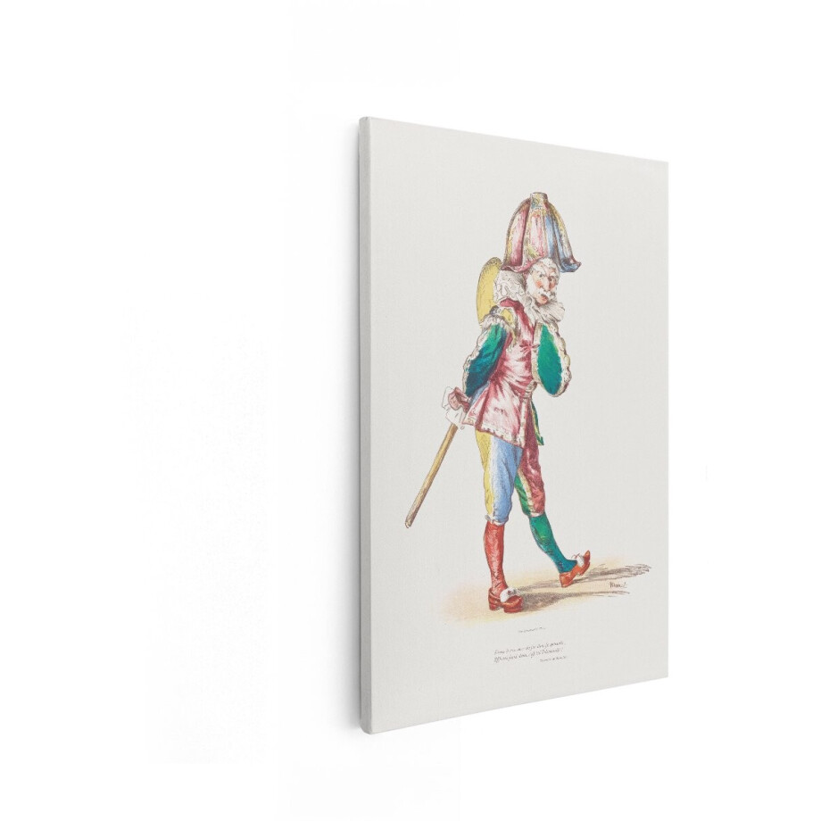 Artaza Canvas Schilderij Karakter Uit de Commedia Dell'Arte met een Kleurrijk Kostuum en Staf - 80x120 cm - Groot - Wanddecoratie Woonkamer - Schilderijen - Muurdecoratie afbeelding 1