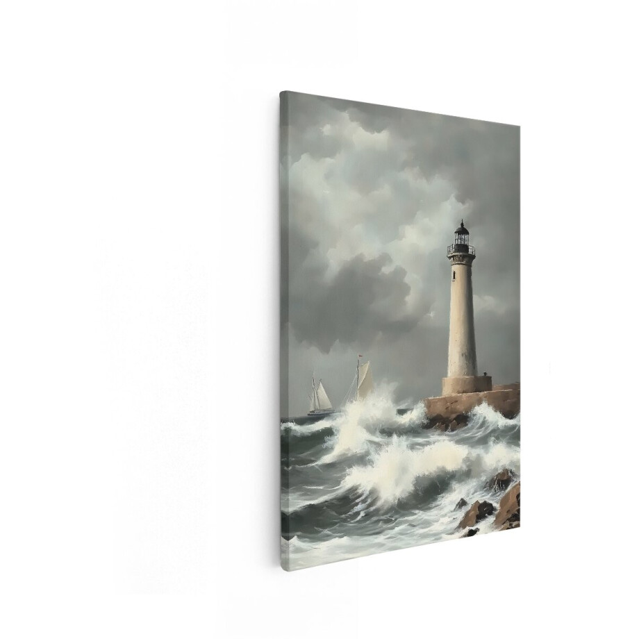 Artaza Canvas Schilderij Majestueuze Vuurtoren op Rotsachtig Eiland met Woeste Golven en Zeilboten - 40x60 cm - Wanddecoratie Woonkamer - Schilderijen - Muurdecoratie afbeelding 1
