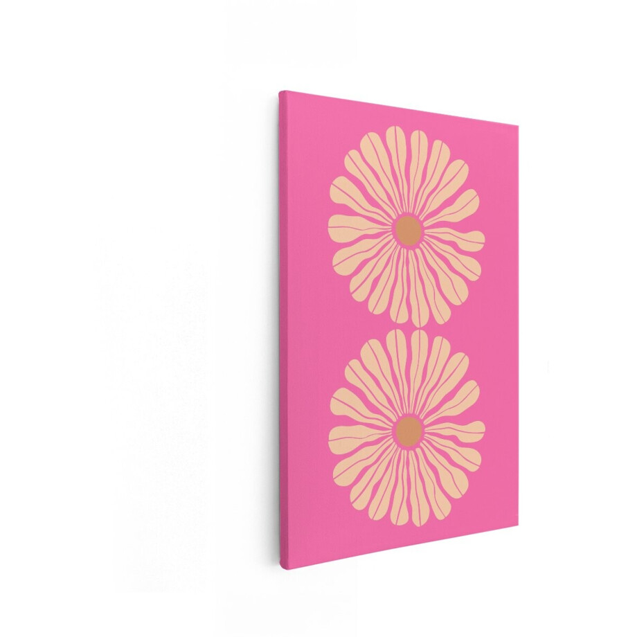 Artaza Canvas Schilderij Twee Retro Bloemen met Pastelkleurige Bloemblaadjes op een Felle Roze Achtergrond - 80x120 cm - Groot - Wanddecoratie Woonkamer - Schilderijen - Muurdecoratie afbeelding 1