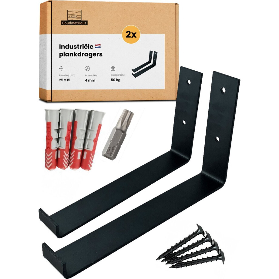 GoudmetHout® Industriële Plankdragers L-vorm UP - 25 cm - Stalen Plankdrager voor Wandschap, Muurrek of Wandconsole - Max 50 kg - 2 Stuks - Mat Zwart afbeelding 1
