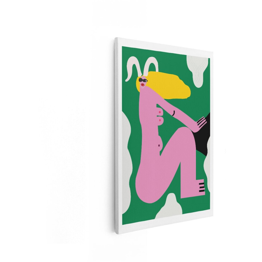 Artaza Canvas Schilderij Abstracte Roze Figuur met Blonde Haren en Konijnenoren Zit op een Groene Achtergrond - 40x60 cm - Wanddecoratie Woonkamer - Schilderijen - Muurdecoratie afbeelding 1