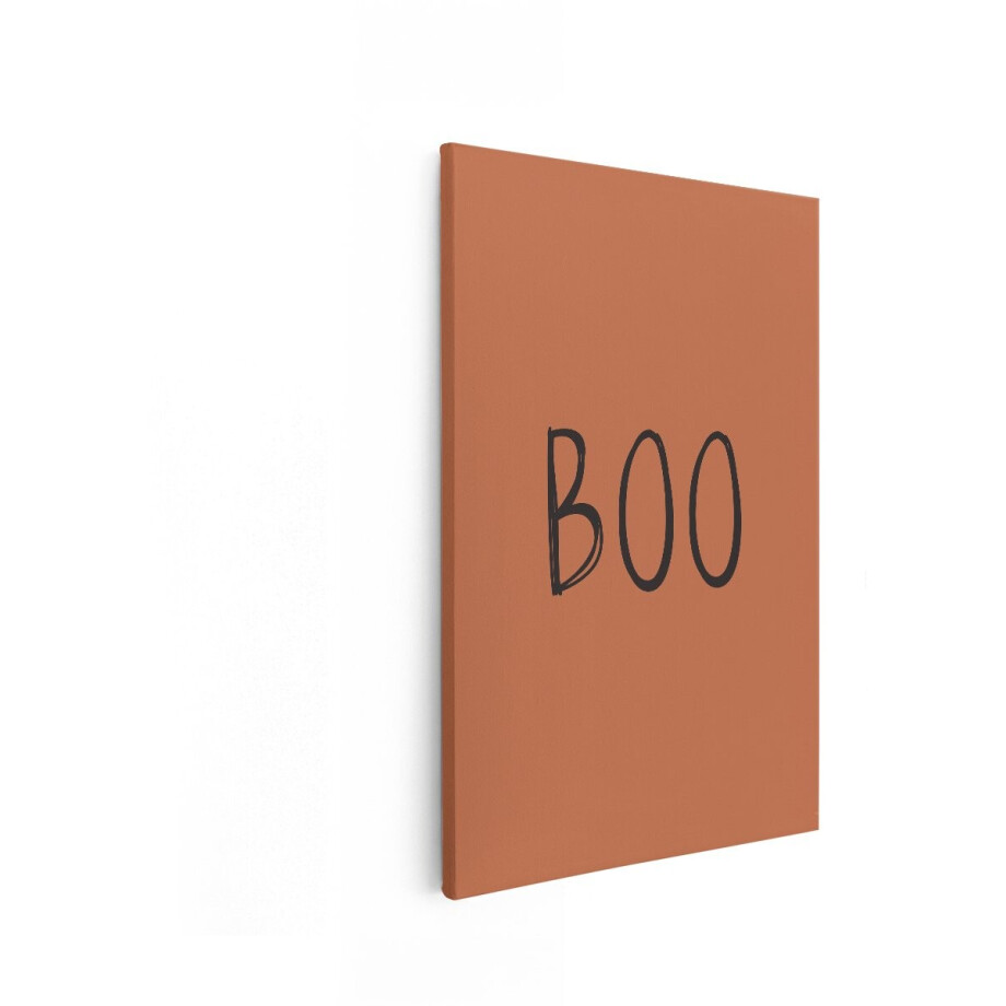 Artaza Canvas Schilderij Minimalistische Halloween "Boo" Tekst op een Effen Oranje Achtergrond - 40x60 cm - Wanddecoratie Woonkamer - Schilderijen - Muurdecoratie afbeelding 1