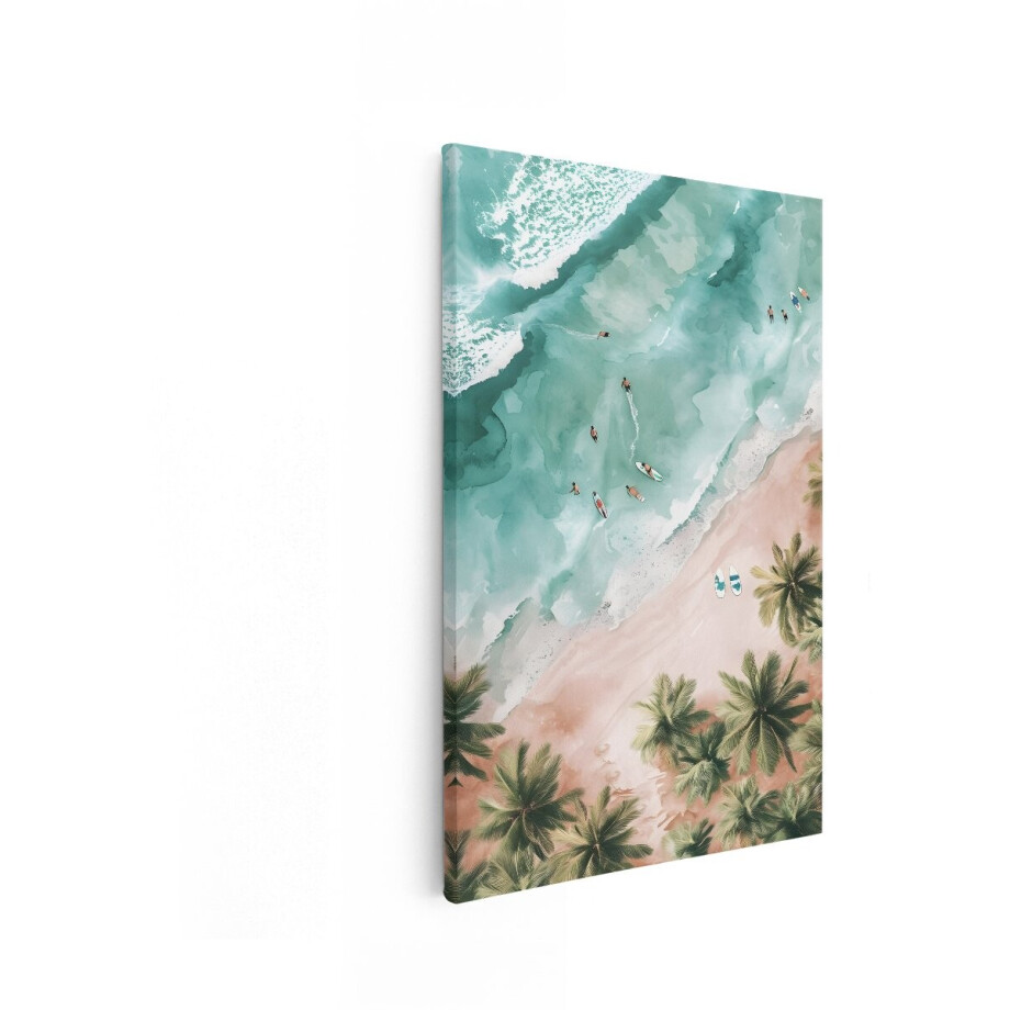 Artaza Canvas Schilderij Strand - 60x90 cm - Wanddecoratie Zee - Muurdecoratie Surfers - Decoratie Tropisch Palmbomen afbeelding 1