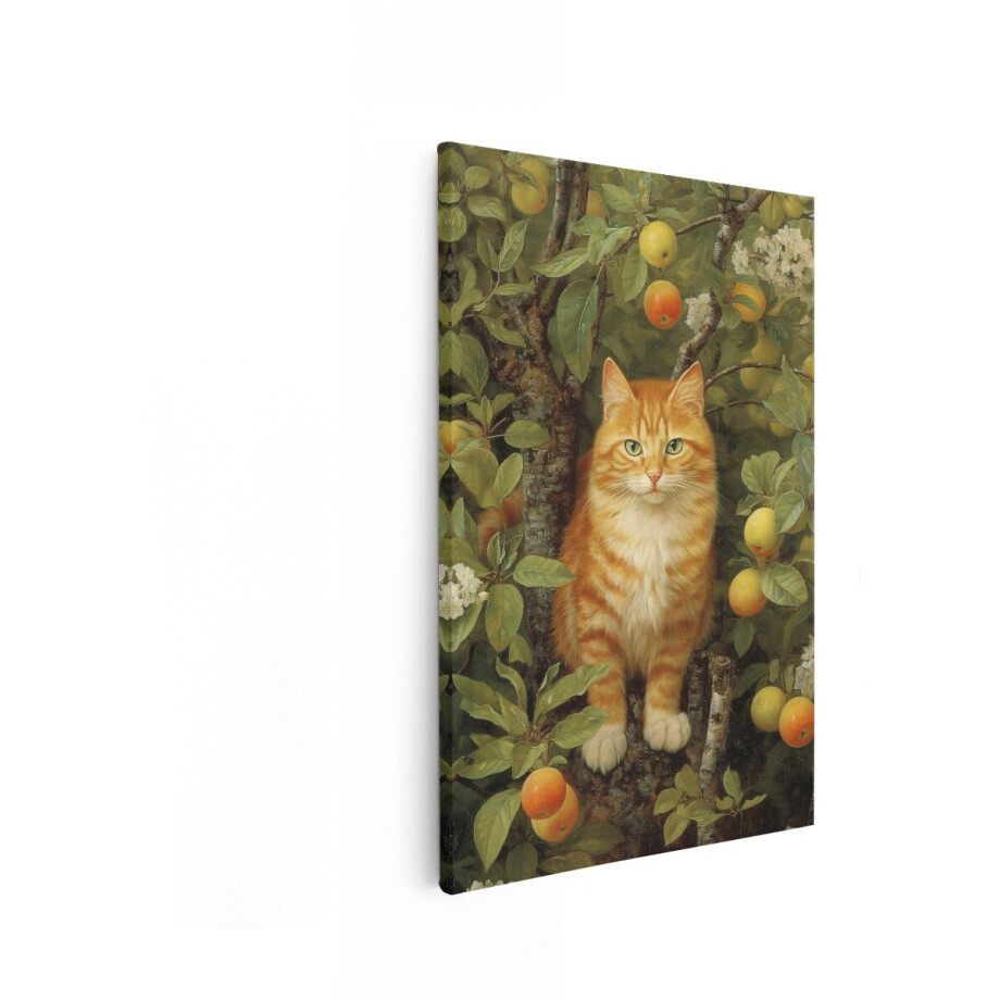 Artaza Canvas Schilderij Kat - 80x120 cm - Wanddecoratie Oranje Cyperse - Muurdecoratie Appelboom - Decoratie Dieren Schilderij afbeelding 1