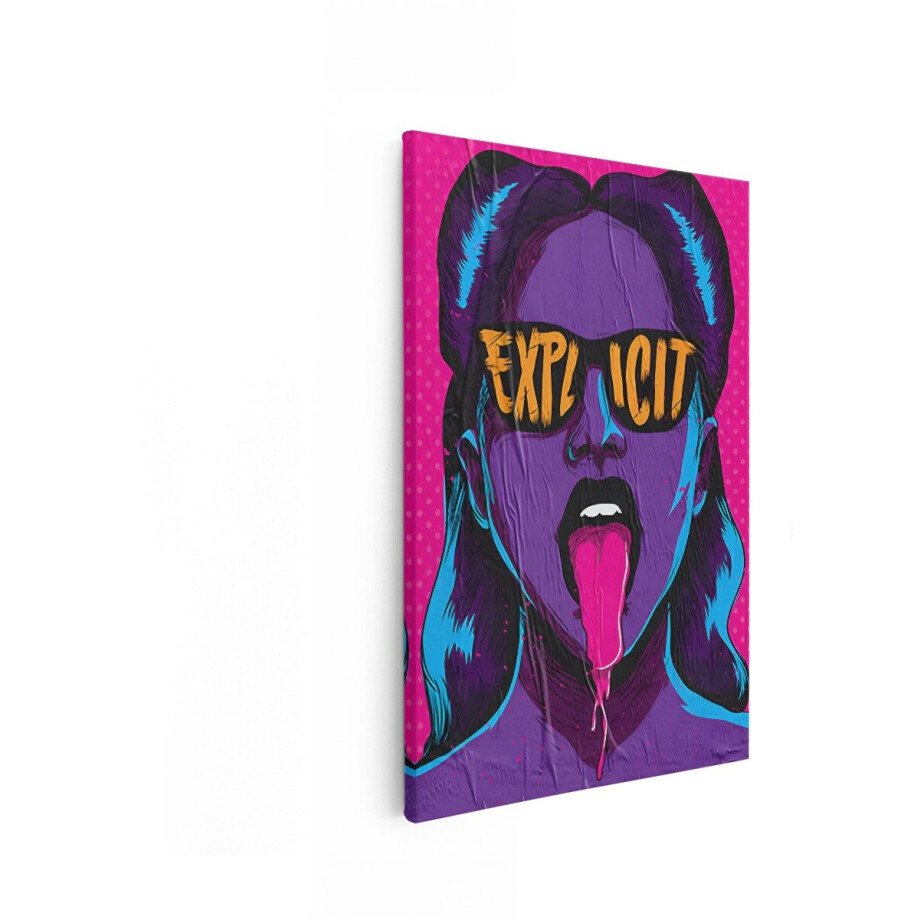 Artaza Canvas Schilderij Vrouw met Zonnebril met 'Explicit' en Tong Uit - Pop-Art Stijl - 80x120 cm - Groot - Wanddecoratie Woonkamer - Schilderijen - Muurdecoratie afbeelding 1