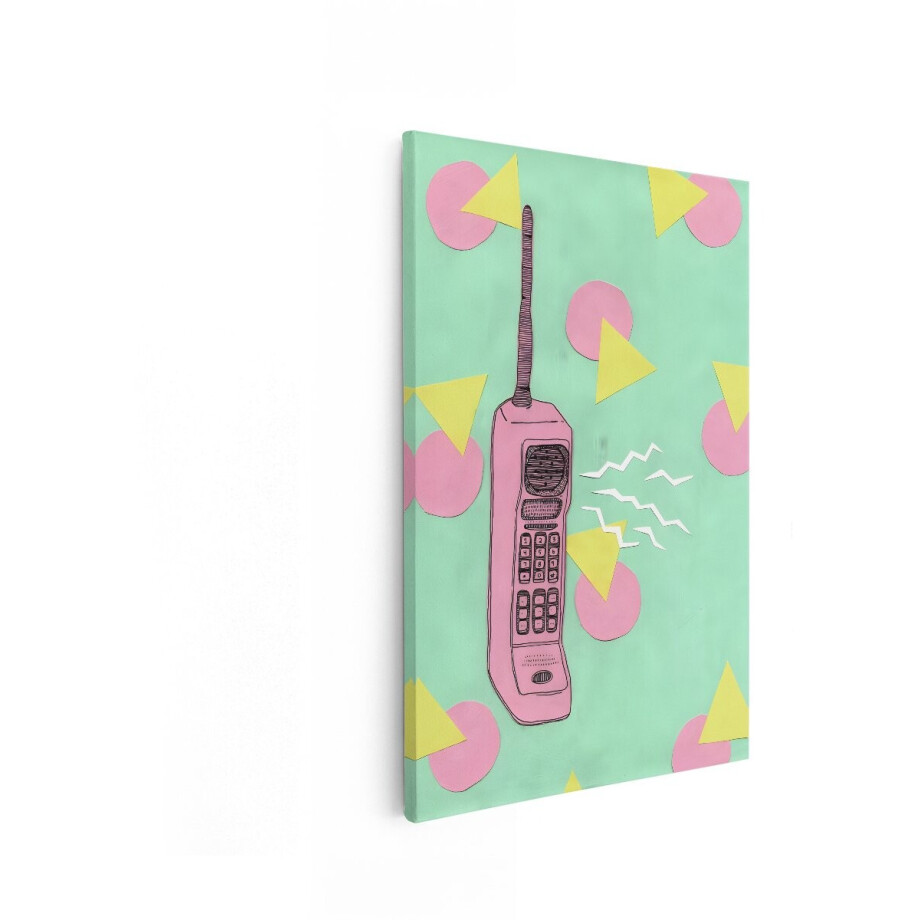 Artaza Canvas Schilderij Roze Retro Mobiele Telefoon met Geometrische Patronen op een Mintgroene Achtergrond - 20x30 cm - Klein - Wanddecoratie Woonkamer - Schilderijen - Muurdecoratie afbeelding 1
