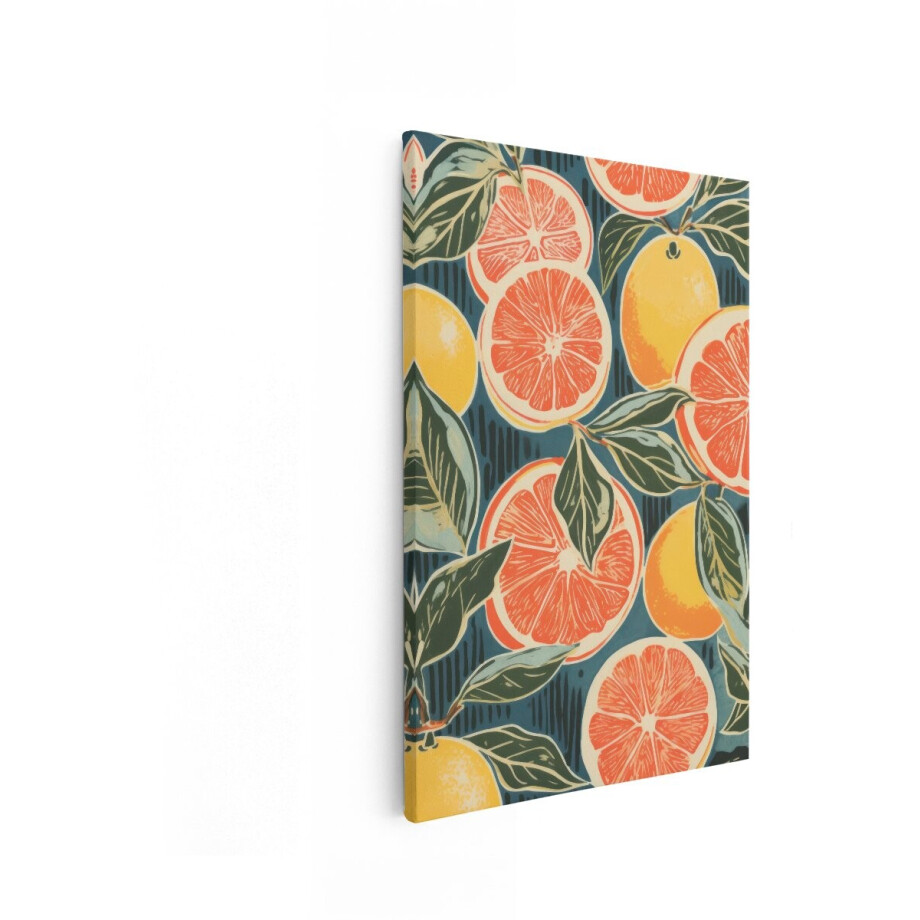 Artaza Canvas Schilderij Levendige Citrusvruchten en Bladeren in een Gestileerd Patroon - 20x30 cm - Klein - Wanddecoratie Woonkamer - Schilderijen - Muurdecoratie afbeelding 1