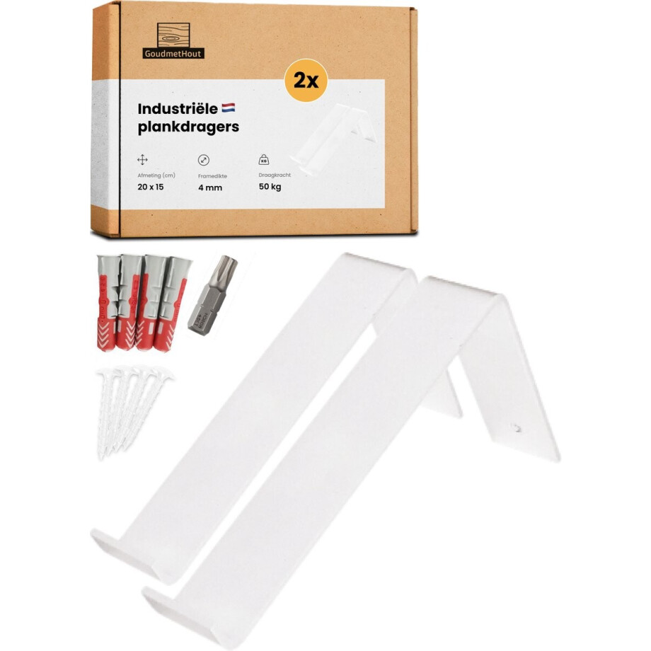 GoudmetHout® Industriële Plankdragers L-vorm - 20 cm - Stalen Plankdrager voor Wandschap, Muurrek of Wandconsole - Max 50 kg - 2 Stuks - Mat Wit afbeelding 1