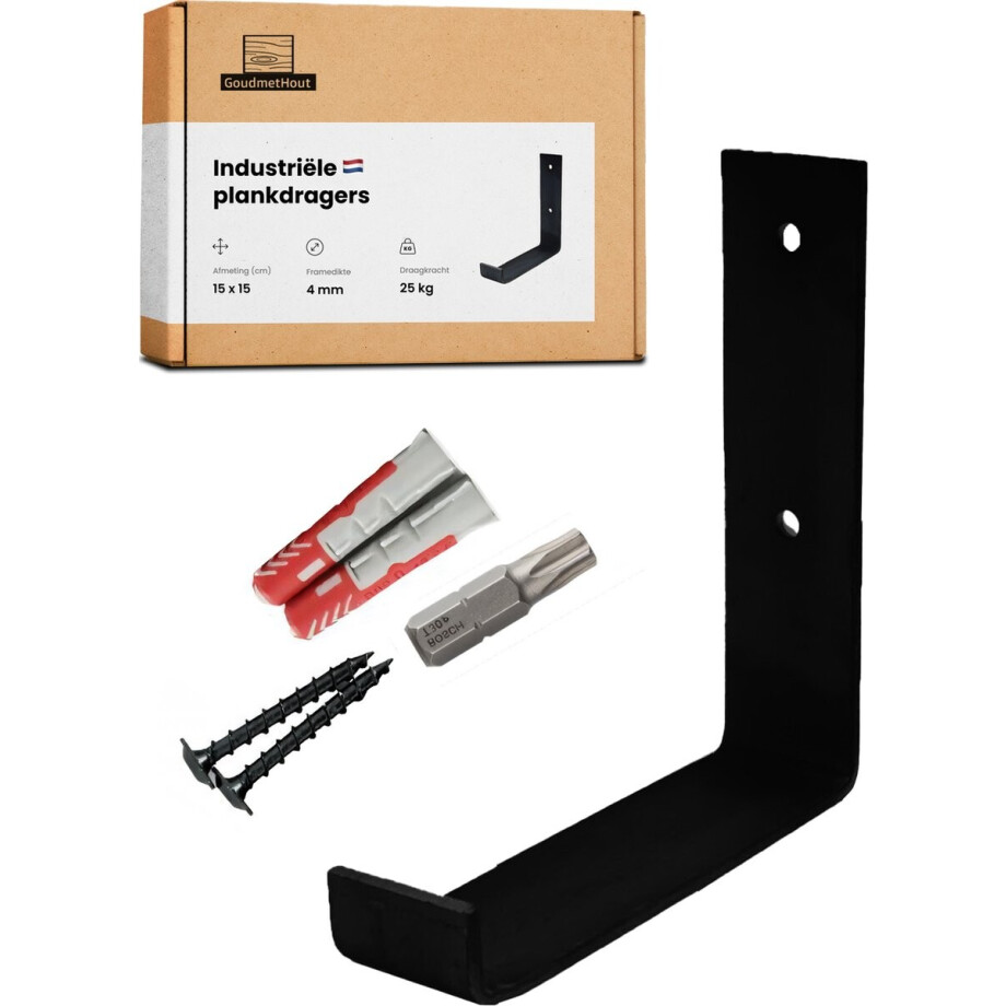 GoudmetHout® Industriële Plankdragers L-vorm UP - 15 cm - Stalen Plankdrager voor Wandschap, Muurrek of Wandconsole - Max 25 kg - 1 stuk - Mat Zwart GoudmetHout® Industriële Plankdragers L-vorm UP - 15 cm - Stalen Plankdrager voor Wandschap, Muurrek of Wandconsole - Max 25 kg - 1 stuk - Mat Zwart afbeelding 1
