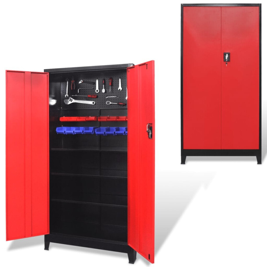 vidaXL Gereedschapskast met 2 deuren 90x40x180 cm staal zwart en rood afbeelding 1