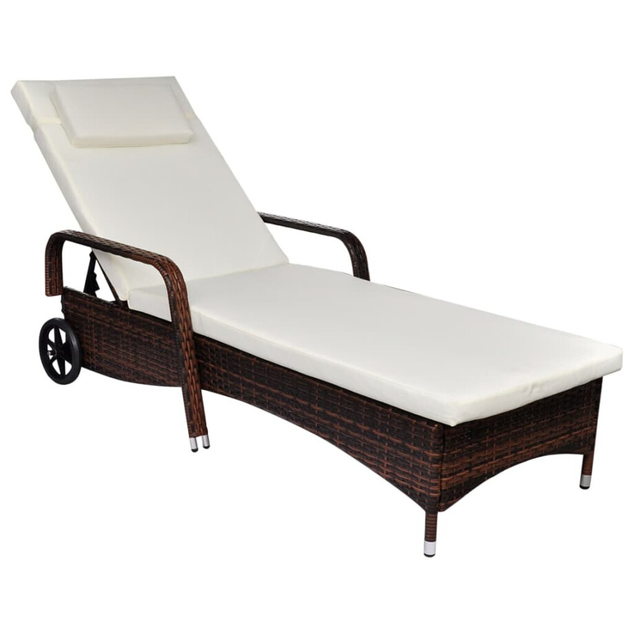 vidaXL Ligbed met kussen en wieltjes poly rattan bruin vidaXL Ligbed met kussen en wieltjes poly rattan bruin afbeelding 1