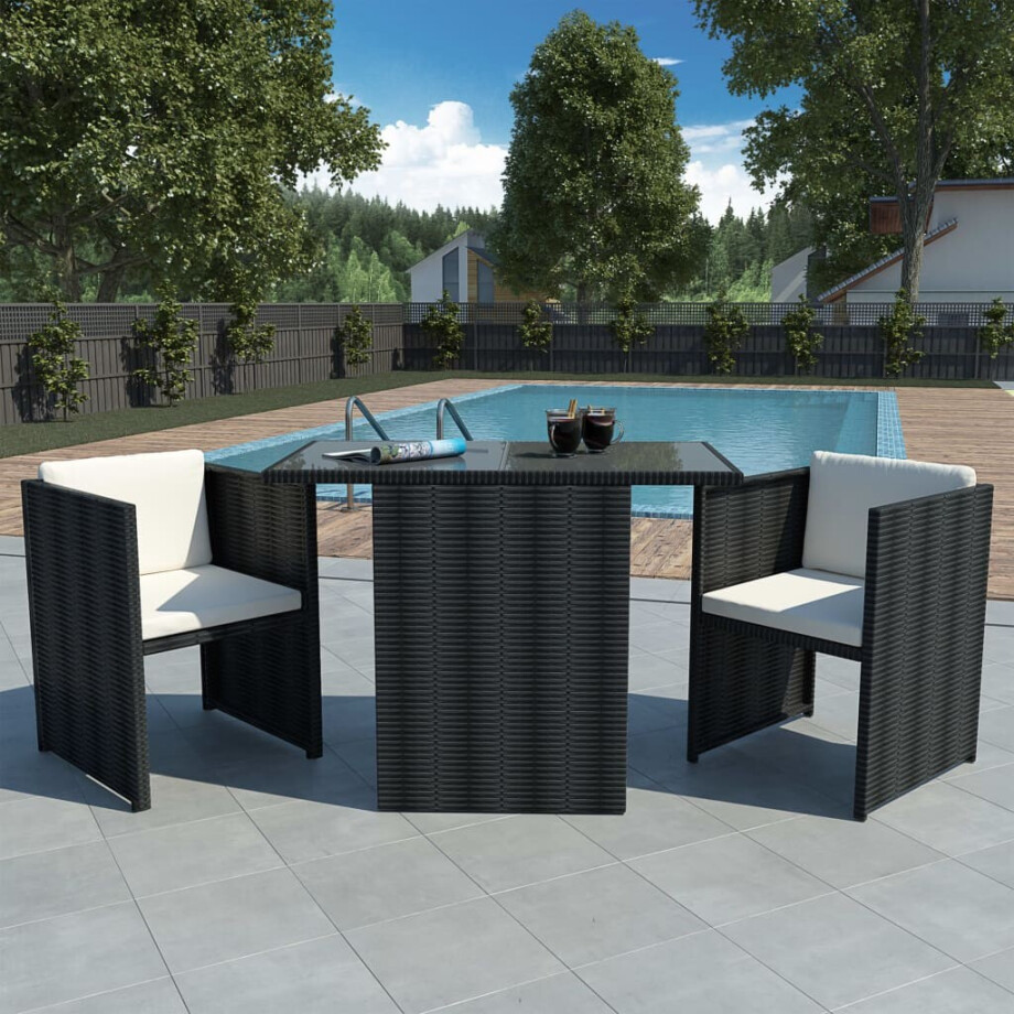vidaXL 3-delige Bistroset met kussens poly rattan zwart afbeelding 1