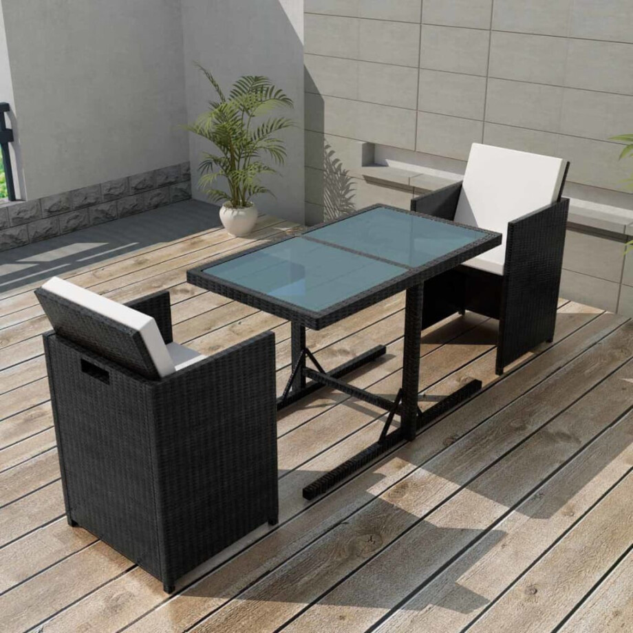 vidaXL 3-delige Bistroset met kussens poly rattan zwart afbeelding 1