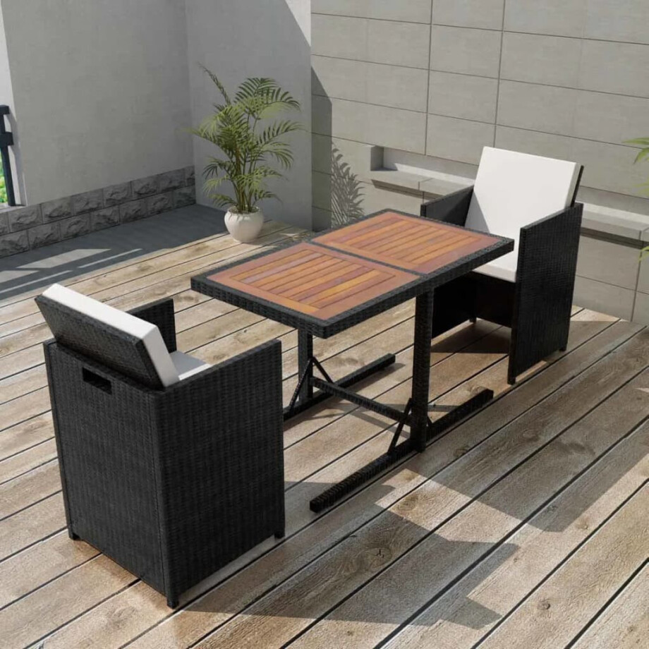 vidaXL 3-delige Bistroset met kussens poly rattan zwart afbeelding 1