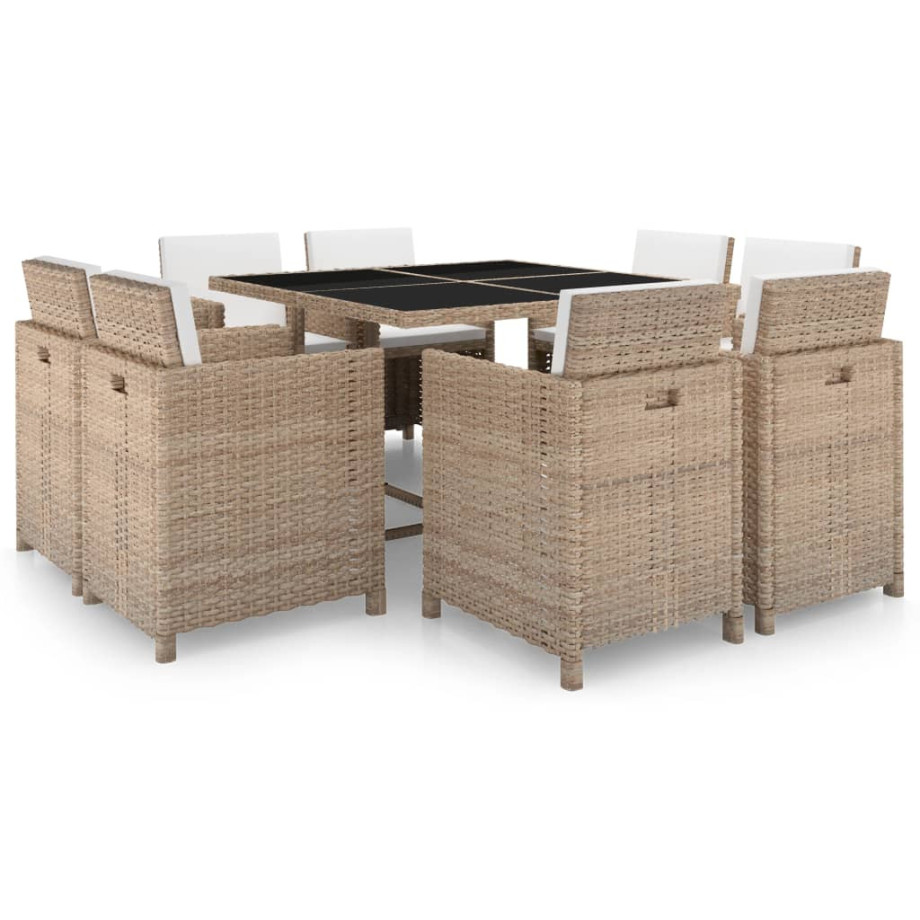 vidaXL 9-delige Tuinset met kussens poly rattan beige afbeelding 1