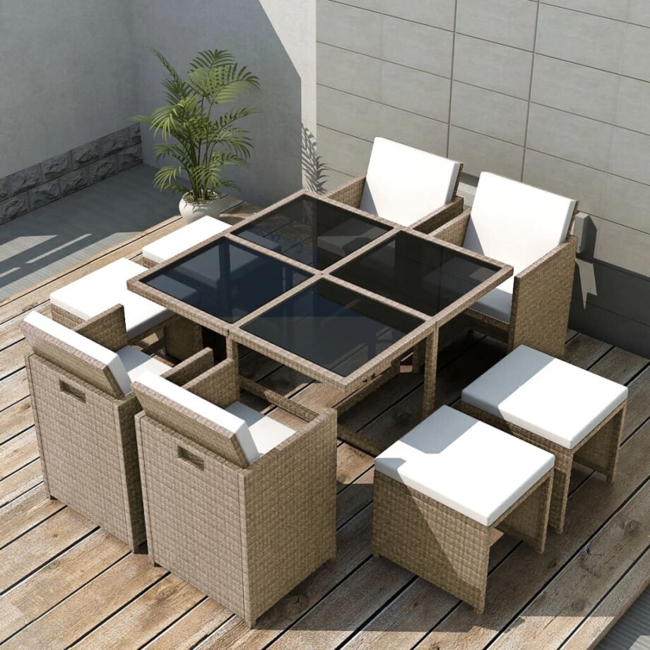 vidaXL 9-delige Tuinset met kussens poly rattan beige afbeelding 1