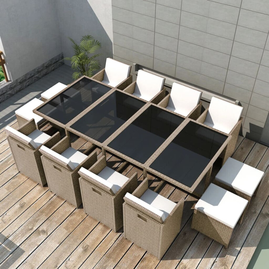 vidaXL 13-delige Tuinset met kussens poly rattan beige afbeelding 1
