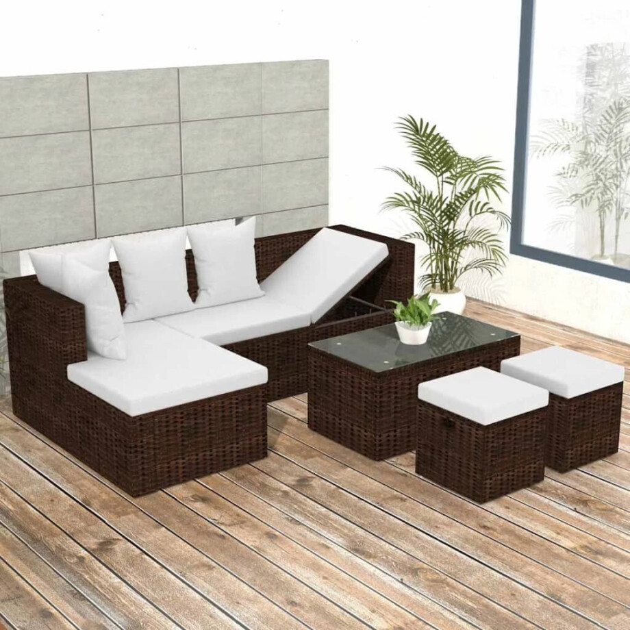 vidaXL 4-delige Loungeset met kussens poly rattan bruin afbeelding 1