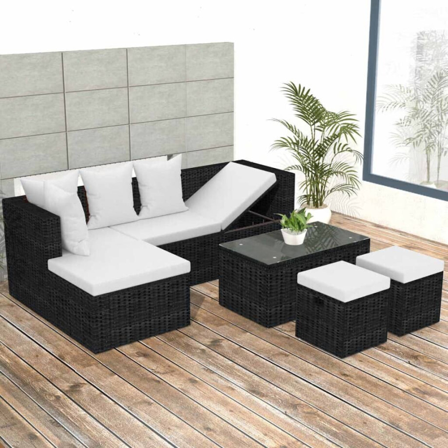 vidaXL 4-delige Loungeset met kussens poly rattan zwart afbeelding 1