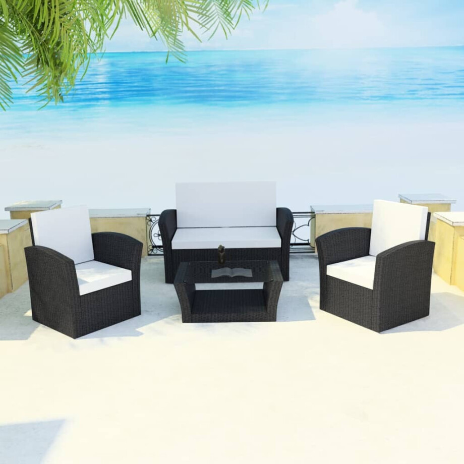 vidaXL 4-delige Loungeset met kussens poly rattan zwart afbeelding 1