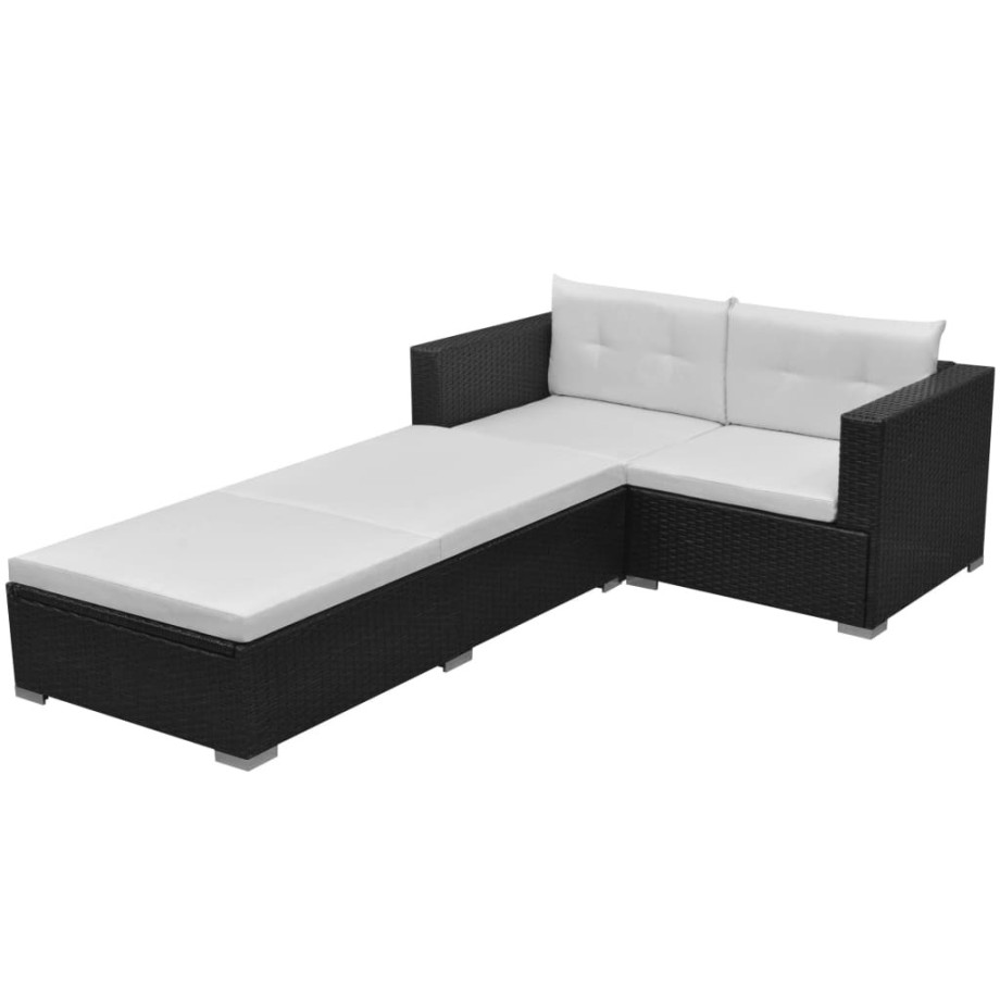 vidaXL 3-delige Loungeset met kussens poly rattan zwart afbeelding 1