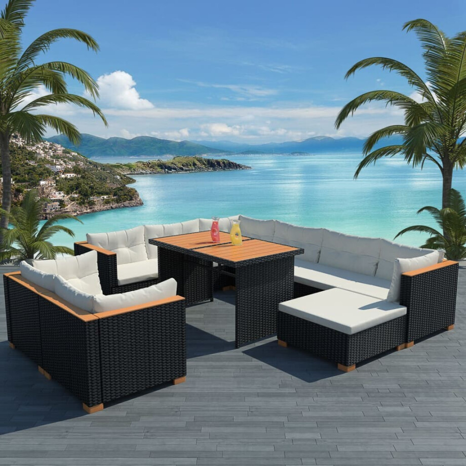 vidaXL 10-delige Loungeset met kussens poly rattan zwart afbeelding 1