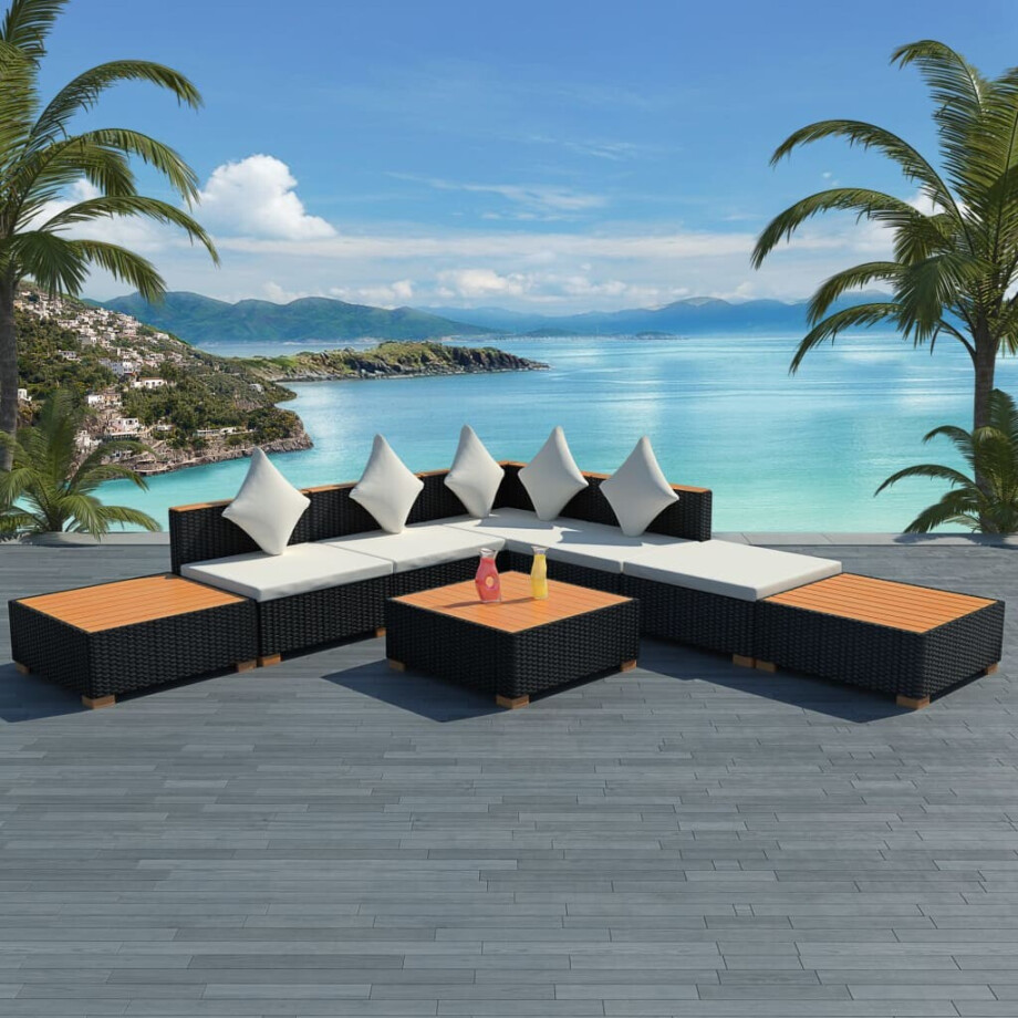 vidaXL 8-delige Loungeset met kussens poly rattan zwart vidaXL 8-delige Loungeset met kussens poly rattan zwart afbeelding 1
