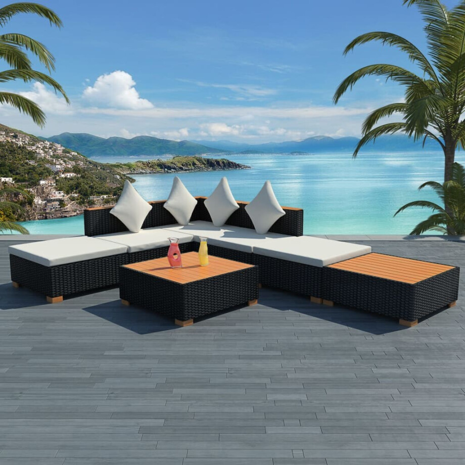 vidaXL 7-delige Loungeset met kussens poly rattan zwart afbeelding 1