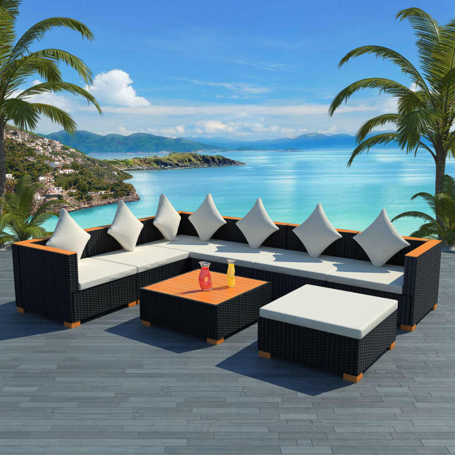 vidaXL 8-delige Loungeset met kussens poly rattan zwart vidaXL 8-delige Loungeset met kussens poly rattan zwart afbeelding 1