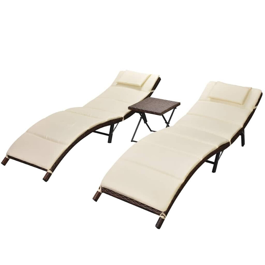 vidaXL Ligbedden inklapbaar 2 st met tafel poly rattan bruin afbeelding 1