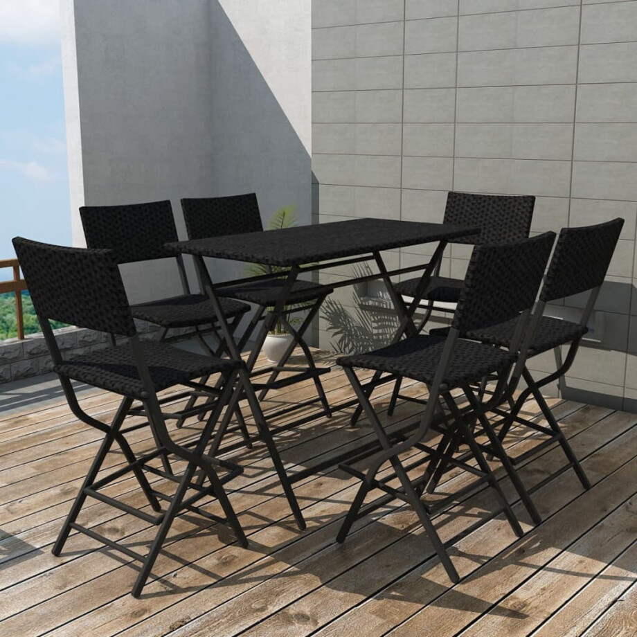 vidaXL 7-delige Tuinset inklapbaar staal poly rattan zwart afbeelding 1