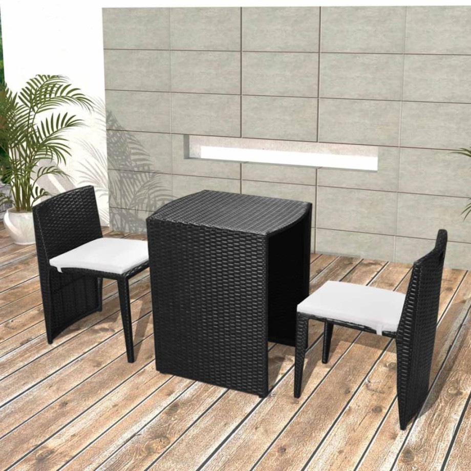 vidaXL 3-delige Bistroset met kussens poly rattan zwart afbeelding 1